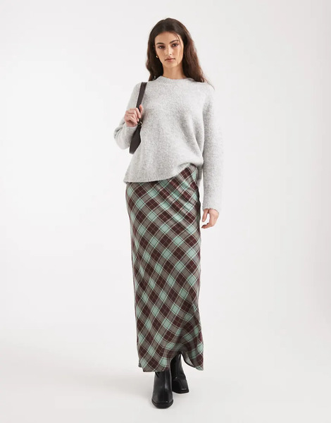  Asos Design Bias Maxi Skirt In Green Brushed Check Multi 