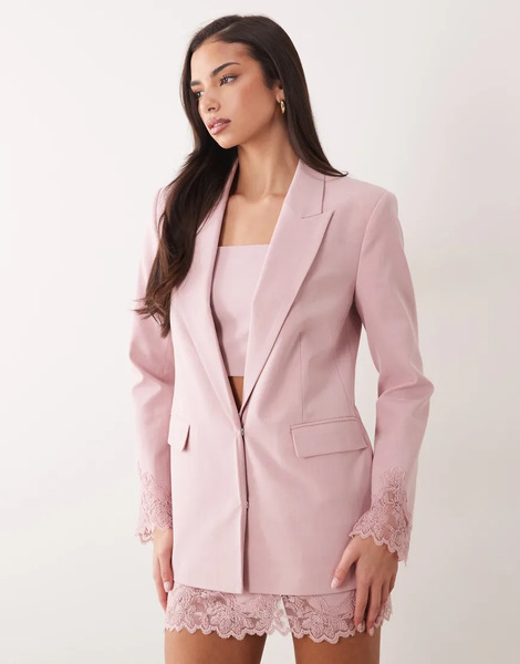  Asos Design Blazer With Applique Lace In Pink 