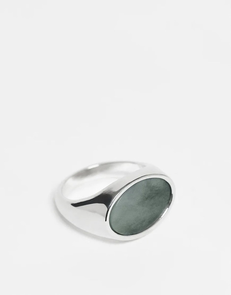  Asos Design Blue Jade Semi Precious Oval Signet Ring In Silver 