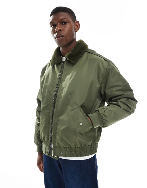  Asos Design Bomber Jacket With Faux Fur Collar In Khaki Green 