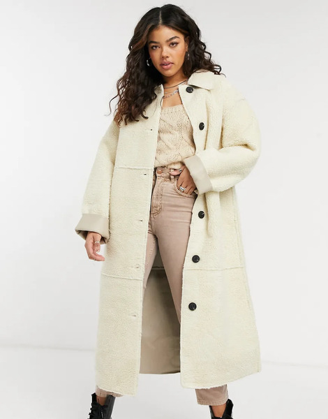  Asos Design Borg Bonded Collared Coat In Cream White 