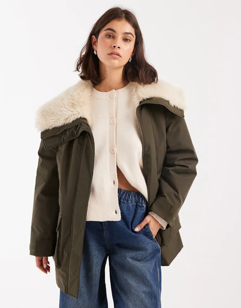  Asos Design Borg Collar Mid Length Parka In Khaki Green 