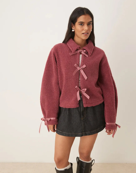  Asos Design Borg Fleece With Bow Tie Front In Dark Rose Purple 