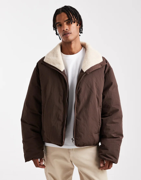  Asos Design Borg Lined Puffer In Brown 