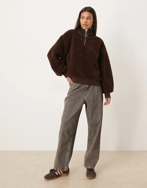  Asos Design Borg Oversized Zip Through Top With High Neck In Chocolate Brown 