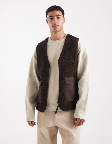  Asos Design Borg Utility Gilet In Brown 