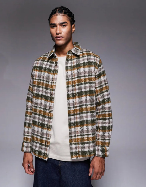  Asos Design Boucle Check Overshirt In Green 