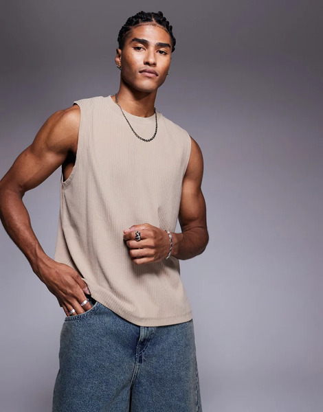  Asos Design Boxy Boxy Oversized Fit Tank In Brown Rib Neutral 