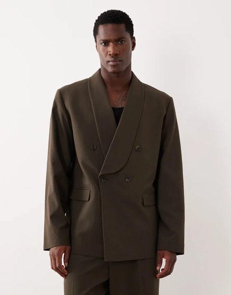  Asos Design Boxy Cropped Shawl Suit Jacket In Olive Green 