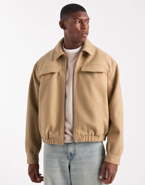  Asos Design Boxy Harrington Jacket In Wool Look In Camel Neutral 