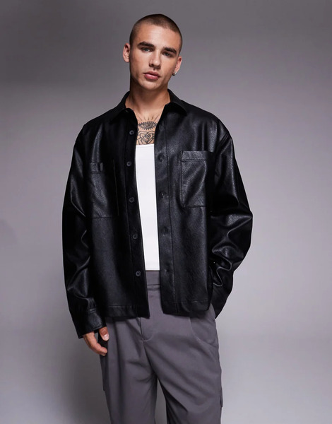  Asos Design Boxy Oversized Faux Leather Shirt In Black 