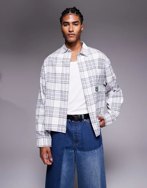  Asos Design Boxy Oversized Flannel Check Shirt In White Neutral 