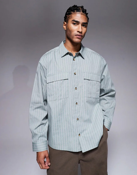  Asos Design Boxy Oversized Stripe Shirt In Green 
