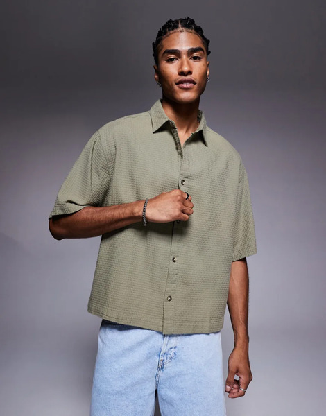  Asos Design Boxy Oversized Textured Shirt In Khaki Green 