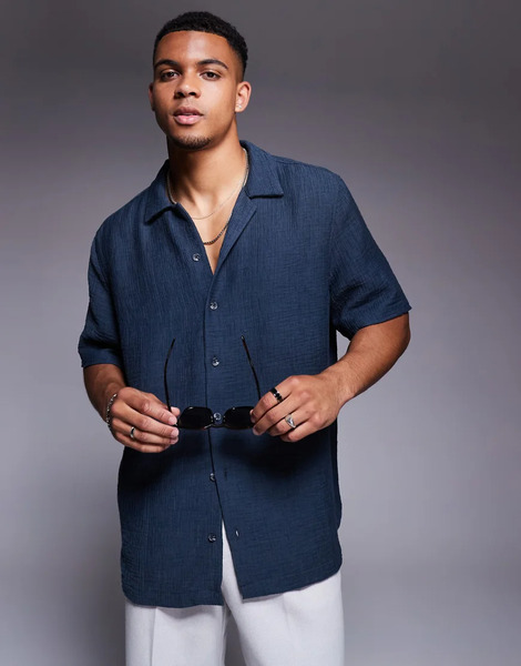  Asos Design Boxy Oversized Textured Shirt In Navy Grey 