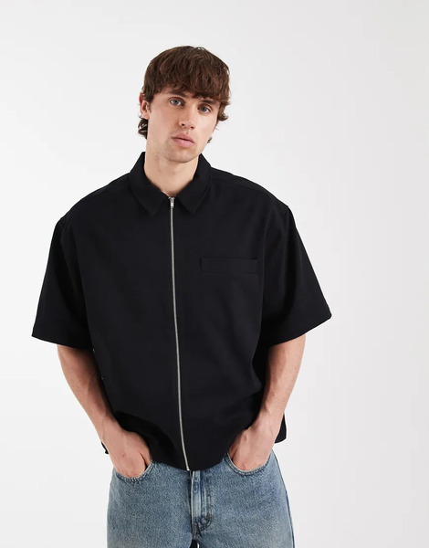  Asos Design Boxy Oversized Zip Through Shirt In Black 
