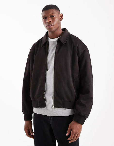  Asos Design Boxy Suedette Harrington Jacket In Brown 