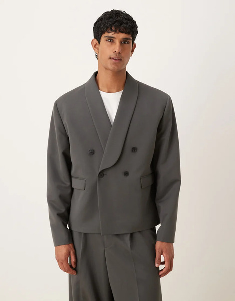  Asos Design Boxy Suit Jacket In Charcoal Twill Grey 