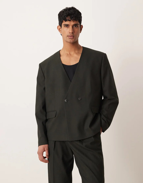  Asos Design Boxy Suit Jacket In Stone Stripe Weave Neutral 