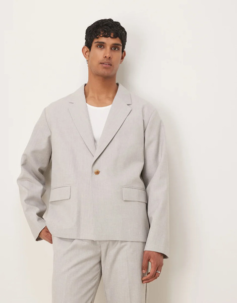  Asos Design Boxy Suit Jacket With Linen In Grey Texture 