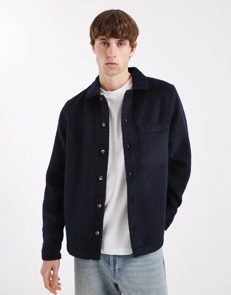  Asos Design Brushed Wool Look Overshirt In Navy 