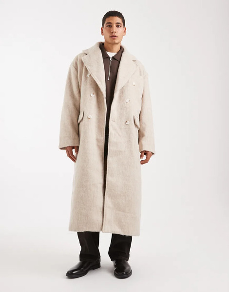  Asos Design Brushed Wool Look Oversized Longline Coat In Beige Neutral 