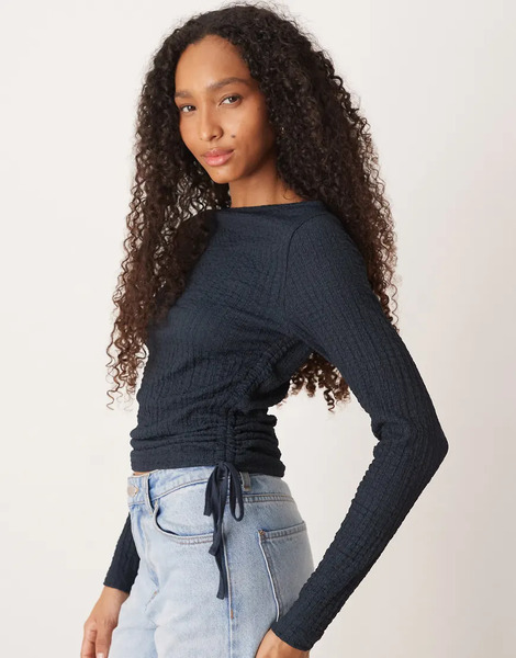  Asos Design Bubble Texture Long Sleeve Top In Navy Blue 