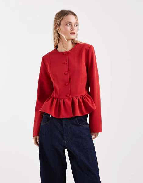  Asos Design Button Down Peplum Blazer In Red 
