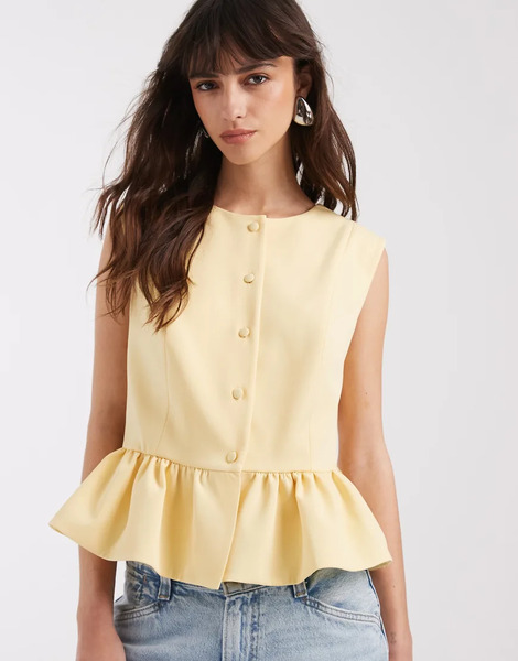  Asos Design Button Down Peplum Tailored Top In Buttermilk Yellow 