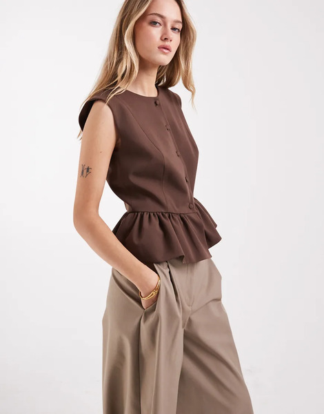  Asos Design Button Down Peplum Tailored Top In Mocha Neutral 