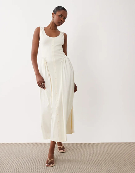 Asos Design Button Down Picot Trim Midi Dress In Neutral Multi 