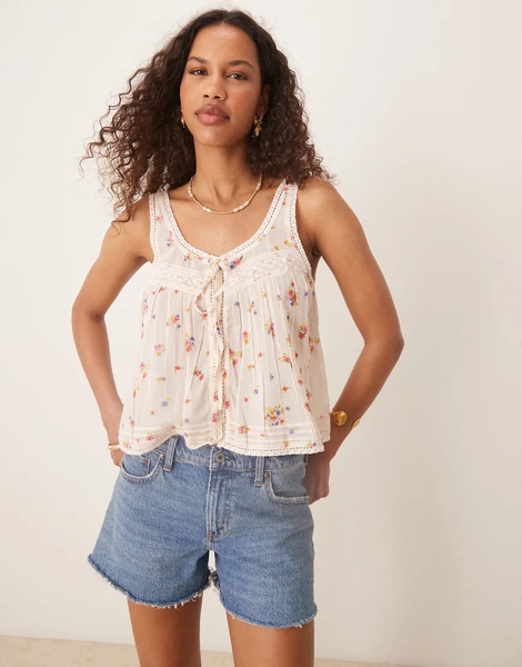  Asos Design Button Front Lace Trim Cami In Floral Print Multi 
