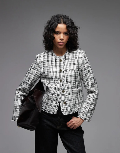  Asos Design Button Through Cropped Blazer In Boucle Neutral 
