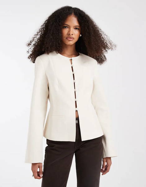  Asos Design Button Up Linen Fitted Blazer In White 
