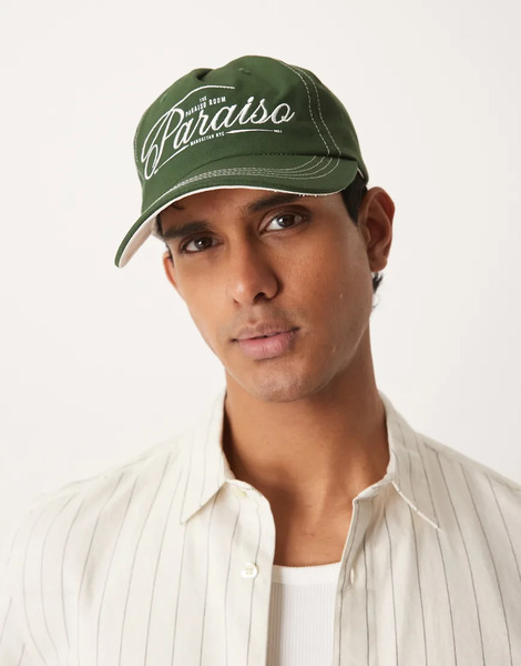  Asos Design Cap In Green Canvas With Graphic 