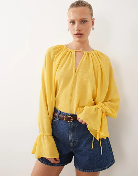  Asos Design Cape Detail Chiffon Blouse In Chartreuse Green 