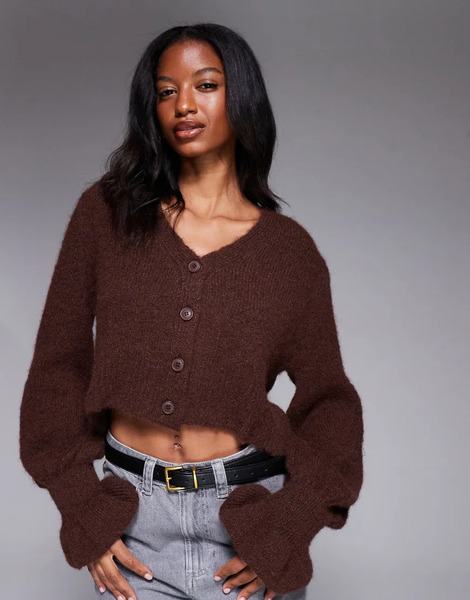  Asos Design Cardigan With Frill Cuff In Chocolate Yellow 