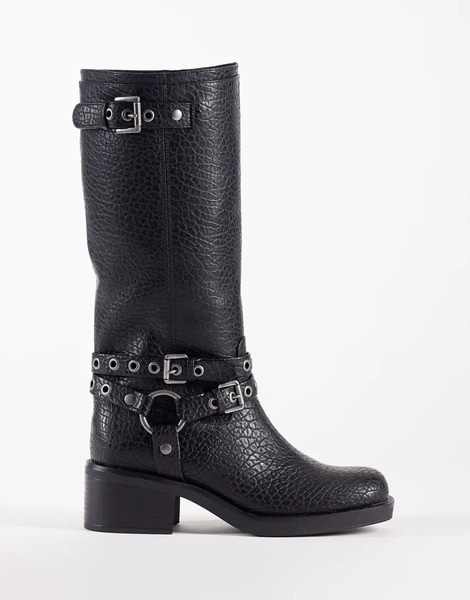  Asos Design Cassandra Eyelet Biker Boot In Textured Black 