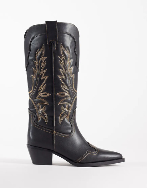  Asos Design Celestine Flat Western Knee Boots In Black Burnish 