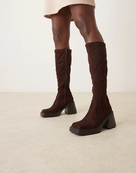  Asos Design Charly Heeled Knee Boots In Chocolate Suedette Brown 