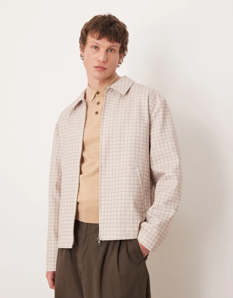 Asos Design Checked Cotton Jacket In Beige Neutral 