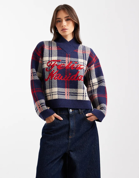  Asos Design Checked Feliz Navidad Boxy High V Jumper In Navy 