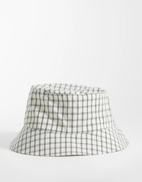  Asos Design Checked Seersucker Bucket Hat In White 