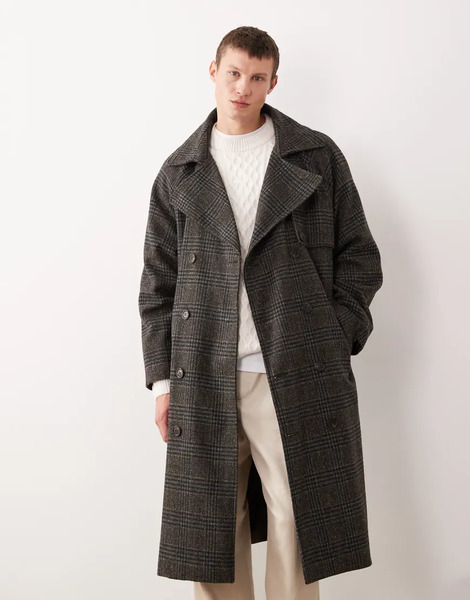  Asos Design Checked Wool Look Trench In Grey 