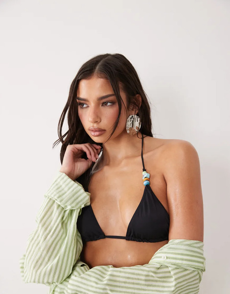  Asos Design Chelsea Charm Triangle Bikini Top With Beads In Black 