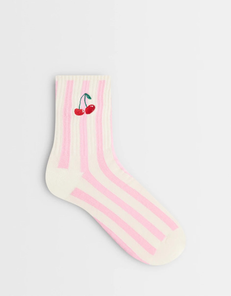  Asos Design Cherry Embroidery Ankle Socks In Pink Stripe 