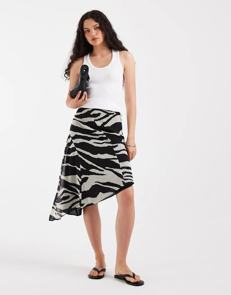  Asos Design Chiffon Asym Hem Maxi Skirt In Zebra Print Multi 