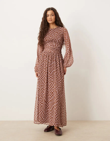  Asos Design Chiffon Crew Neck Maxi Dress With Ruched Waist And Volume Sleeve In Pink Micro Check Multi 