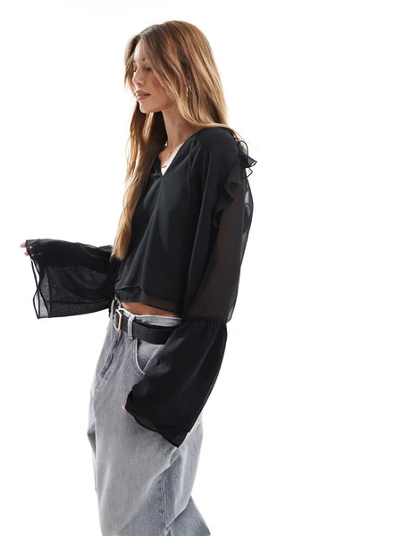  Asos Design Chiffon Sleeve Detail Blouse In Black 