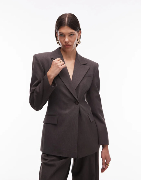  Asos Design Cinch High Break Point Blazer In Chocolate Neutral 